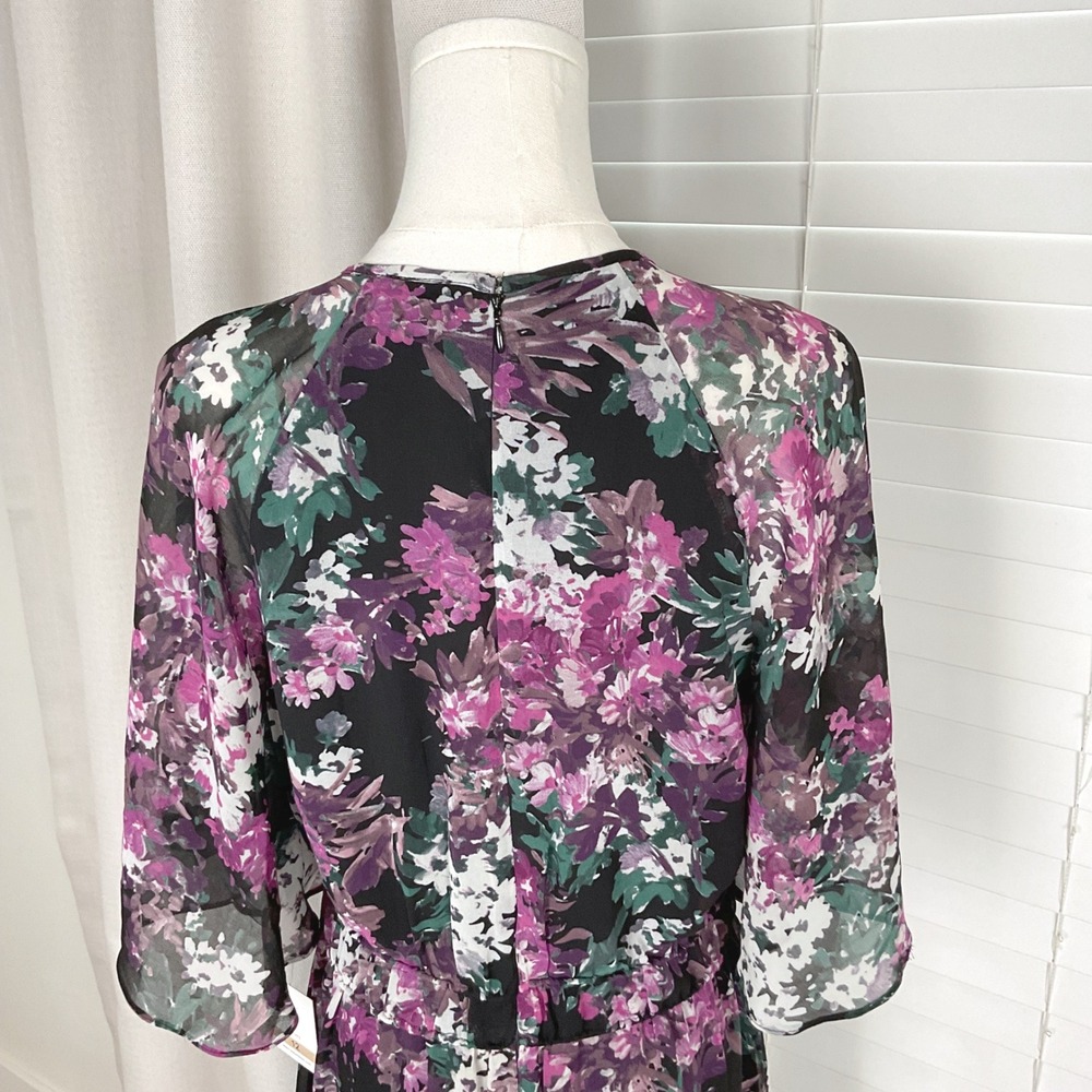Taylor Floral Maxi Dress Purple Black Flutter Sleeve Smocked Waist Size 12 NEW - Picture 9 of 14